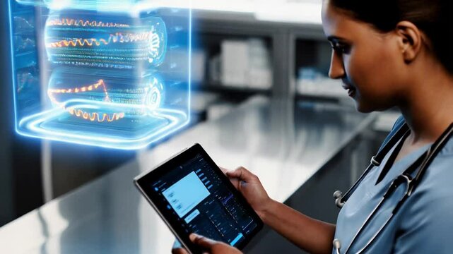 A doctor interacts with an electronic medical record while a holographic display shows healthcare data and DNA, highlighting technology�s role in patient care.