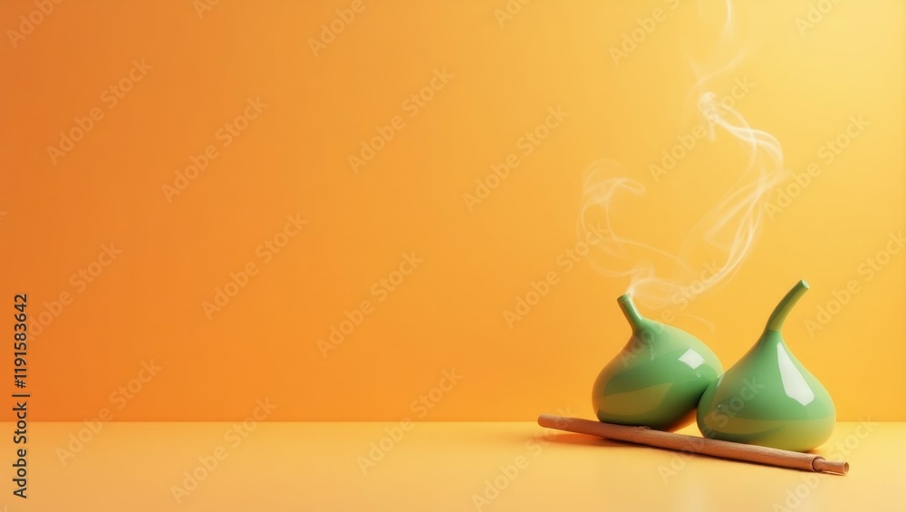 Poster sage green incense stick on left. soft black background. copy space for text, 3d render ai generated