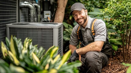 Caucasian male technician working on air conditioning unit in outdoor garden setting