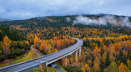 Aerial view of Scenic Seward highway in Alaska during autumn time.