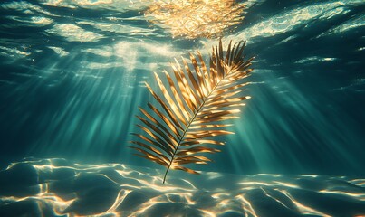 a palm leaf underwater with soft, wavy light patterns filtering through