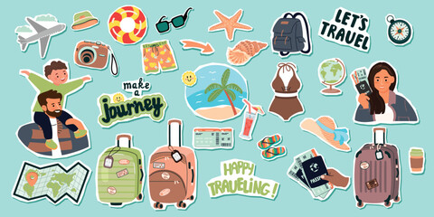 Traveling elements set isolated on white. Family tourists, suitcases and backpack, map, summer clothes, passport, tickets, plane. Vector objects with cut out shapes for collage. Flat color style.