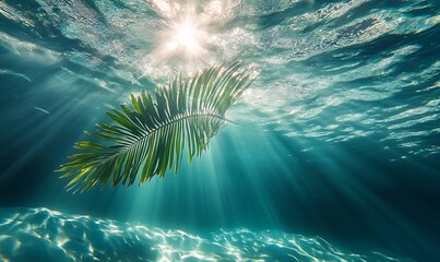 a palm leaf underwater with soft, wavy light patterns filtering through