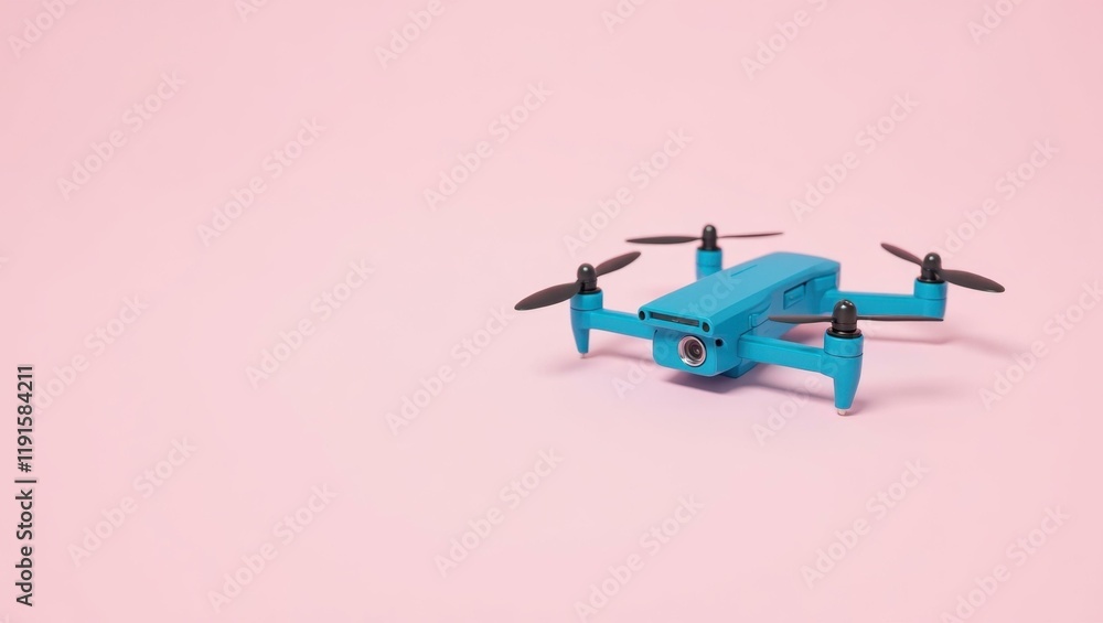 Poster cyan blue documentary drone camera on right. soft blue background. copy space for text, 3d render ai