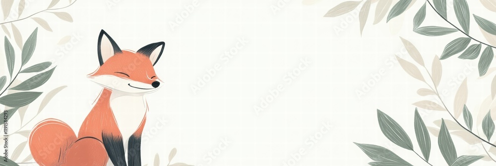 Poster illustrated fox resting peacefully among minimalist leaves on a soft background in a serene environm