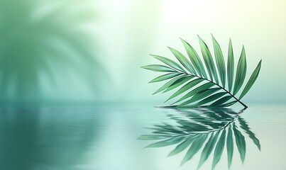 a palm leaf floating on water with a soft gradient background