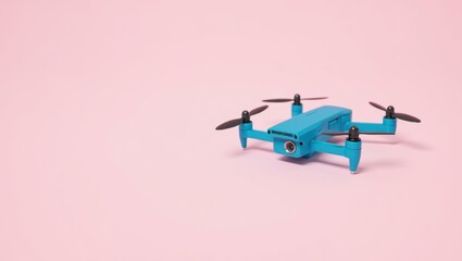 Cyan blue documentary drone camera on right. Blue quadcopter drone wit