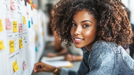 Young african female professional engaged in creative office planning session