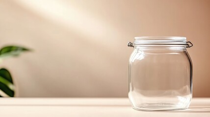 Clear, empty glass jar with metal latch on light surface plant in background
