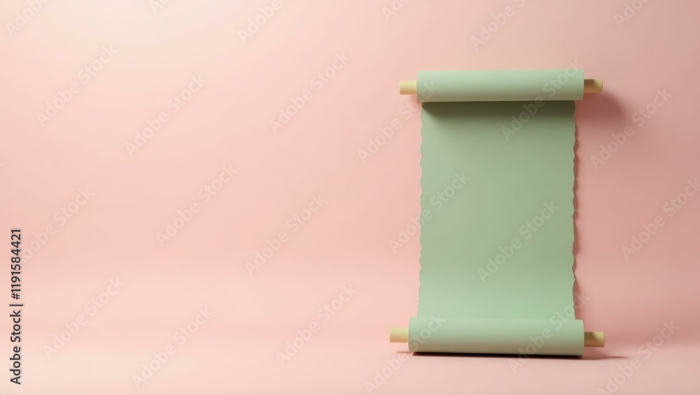 Poster sage green philosopher's scroll on right. soft blue background. copy space for text, 3d render ai ge