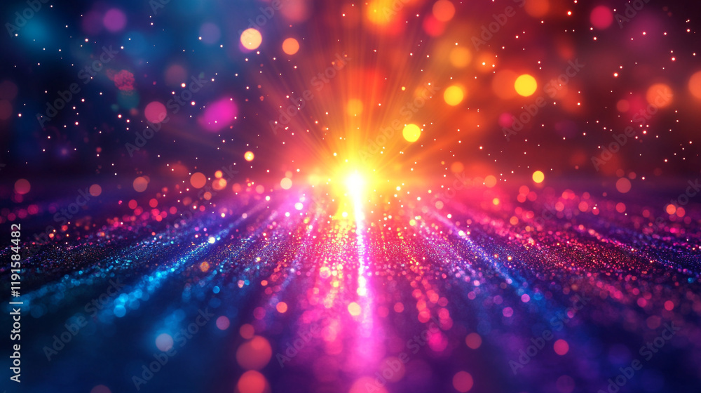 Poster colorful light rays radiate from a vibrant center creating a dazzling visual display