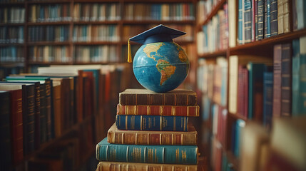A 3D Earth Globe with a graduation cap rests on a stack of colorful books symbolizing global education and knowledge against a blurred book background with bright light tone and caption space on the s