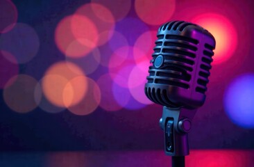 A classic musical microphone on blur colorful background