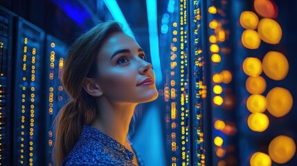 Young caucasian female engineer observing illuminated data servers in a high-tech facility
