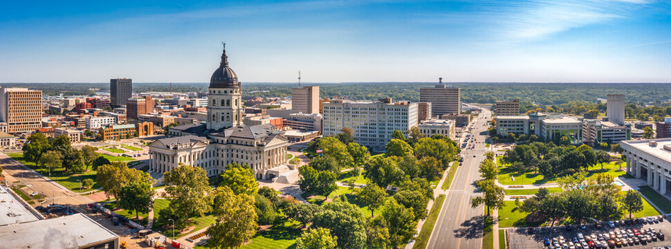 Aerial panorama of Topeka and Kansas State Capitol. Topeka is the capital city of the U.S. state of Kansas and the county seat of Shawnee County