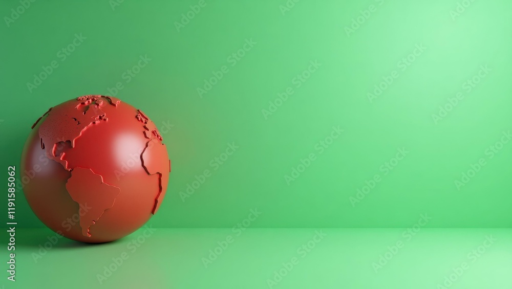 Poster earth globe in red on left. soft coral background. copy space for text, 3d render ai generated desig