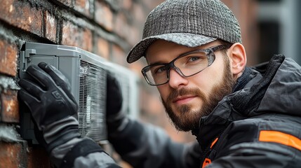 Obraz premium Young caucasian male technician installing outdoor electrical equipment