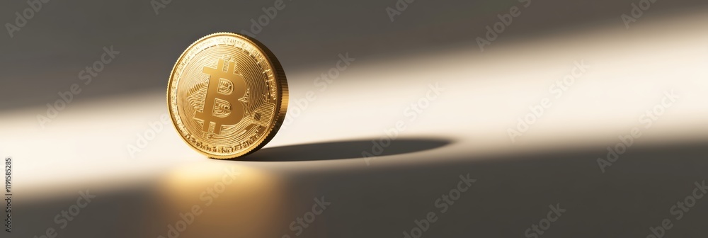 Aufkleber golden bitcoin stands on a reflective surface, illuminated by a bright ray of light, symbolizing the