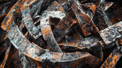 Twisted metal debris from tornado, rusty, weathered and gritty details