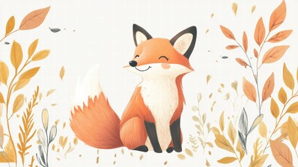Illustrated fox sitting among leaves in a tranquil and minimalist setting showcasing natures beauty. Generative AI
