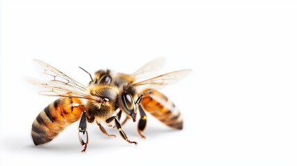 Close-up of two honeybees on white background.