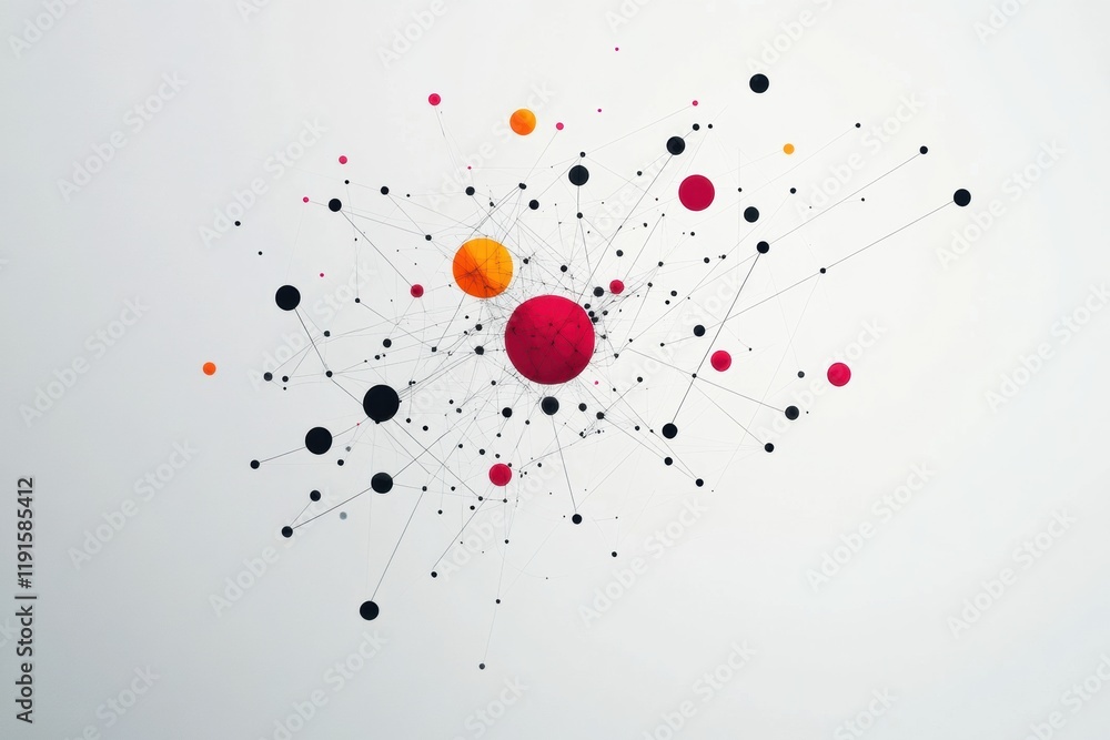 Poster minimalistic graphical representation of a virus using colorful dots and lines against a plain backg