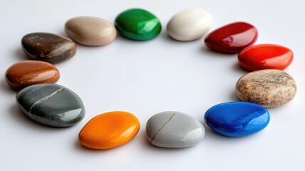 Colorful polished stones arranged in circular pattern on white background