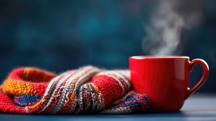 Steaming red cup on table, next to colorful knitted scarf against blurred backdrop