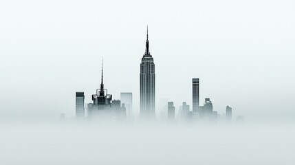 Obraz premium Foggy city skyline, skyscrapers in mist.