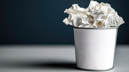 Overfilled white trash can filled with crumpled papers on grey surface