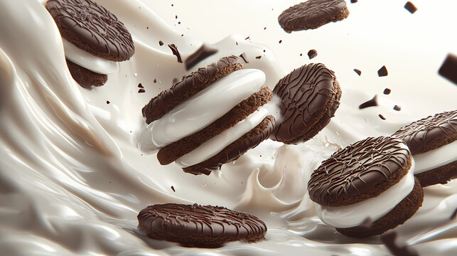 Dynamic image of tasty chocolate sandwich cookies bursting into a splash of creamy milk, creating a sense of delight and indulgence. Treetide. Illustration