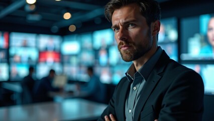 Fototapeta premium Portrait of a journalist in professional attire, blurred newsroom background. Sharp, investigative expression symbolizes truth-seeking. No hands shown.