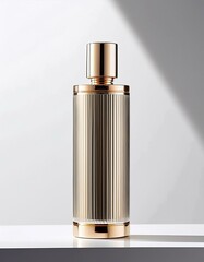 Naklejka premium Elegant ribbed glass bottle with a rose gold cap, bathed in soft light.
