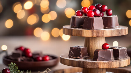 Fototapeta premium Festive chocolate treat on tiered wooden stand with cranberries, blurred christmas lights background. Treetide. Illustration