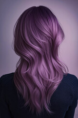 Obraz premium A woman with long, wavy purple hair is shown from the back