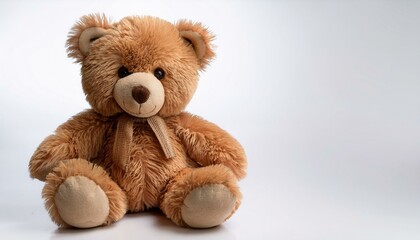 Obraz premium Adorable light brown teddy bear sitting against a white background.