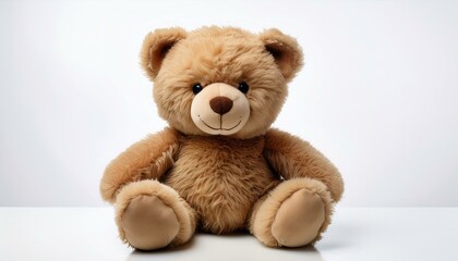 Adorable light brown teddy bear sitting on a white background.