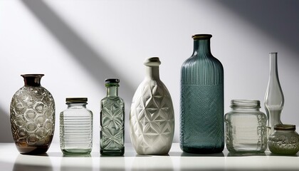 Stylish glass and ceramic vases in a sunlit room.