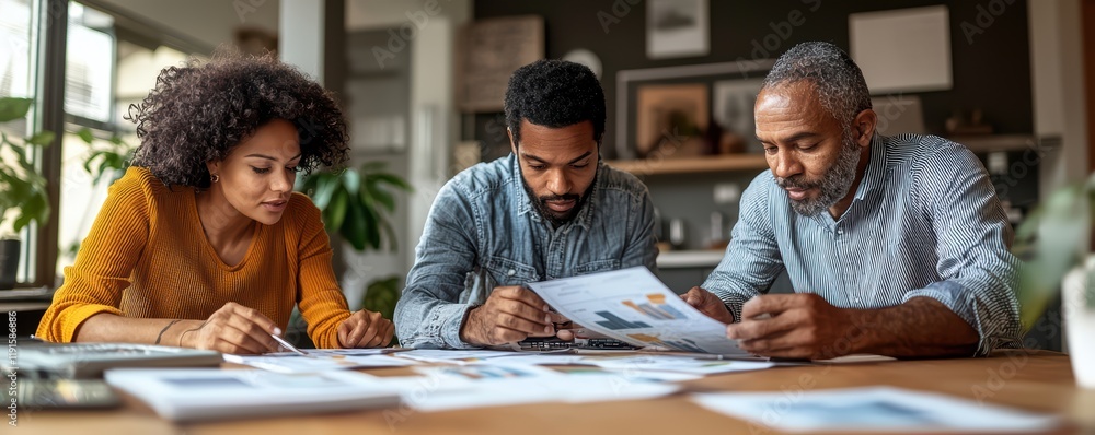 Poster african adults collaborating on project with charts and documents in office setting