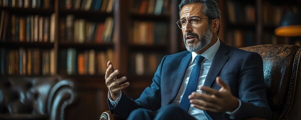 Mature caucasian male discussing in library setting