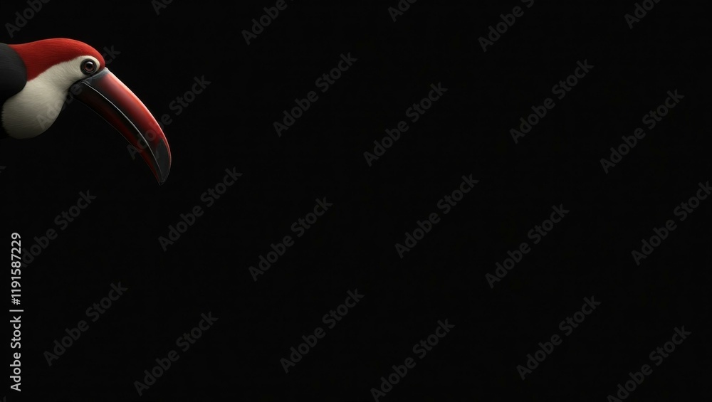 Poster crimson red toucan on left. soft white background. copy space for text, 3d render ai generated desig