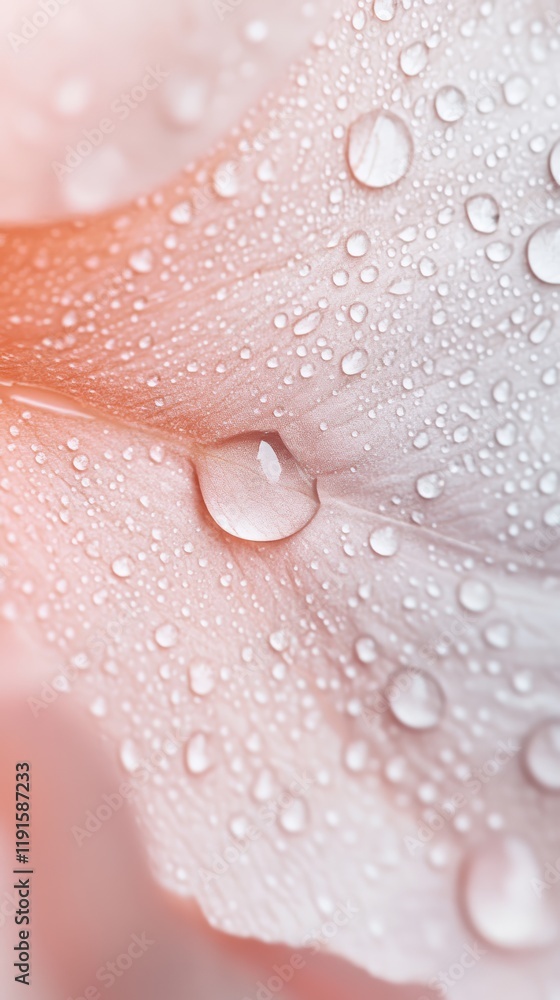 Poster Macro close up of sparkling water droplets clinging to a soft, textured flower petal, creating a mesmerizing display of natural beauty and purity with a gradient color effect