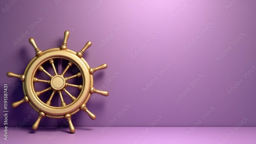 Poster brass ship wheel on right. soft red background. copy space for text, 3d render ai generated designer