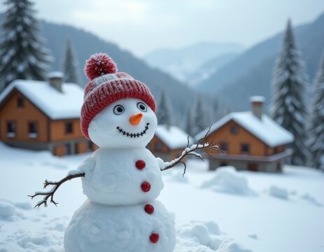 Snowman in the village in a knitted hat