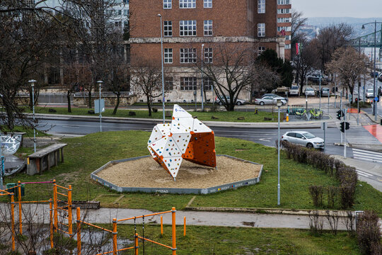 Budapest, Hungary - January 22, 2023: Outdoor gym, skatepark, boulder wall, and Duna River in front of Building R (R &eacute;p&uuml;let), Műegyetem rakpart 7-9.