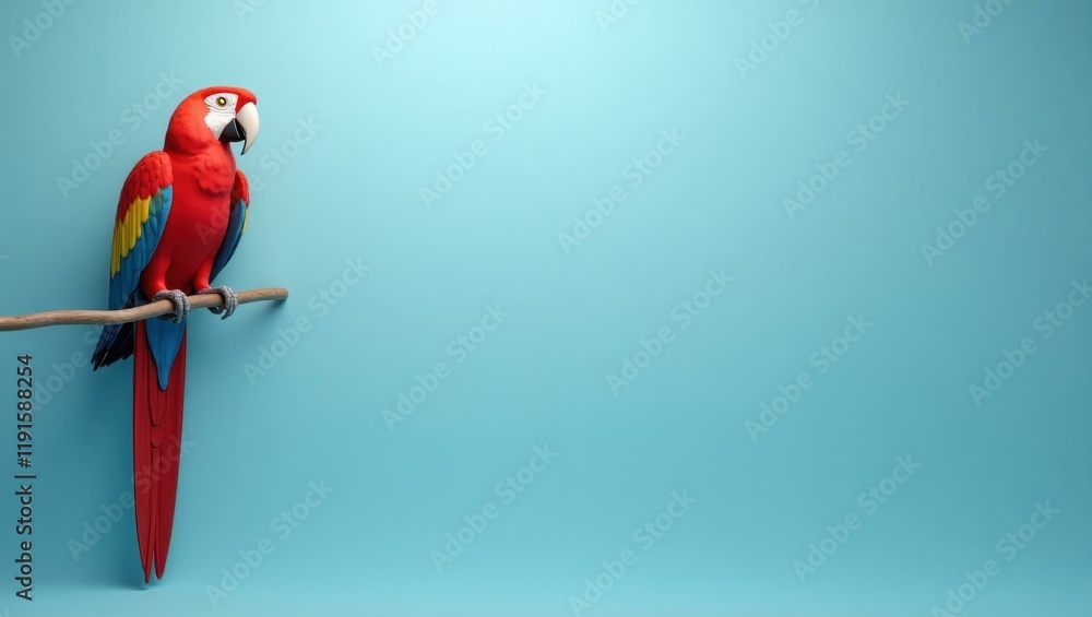Poster scarlet red macaw on left. soft red background. copy space for text, 3d render ai generated designer