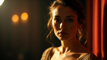 Portrait of an actor/actress in stage attire, blurred theatrical backdrop. Expressive, introspective gaze reflects artistic depth. No hands shown.