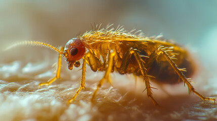 Fototapeta premium Macro shot of a flea on pet bedding being treated with a pet-safe insecticide spray. high-resolution, detailed textures, crisp focus. Treetide. Illustration