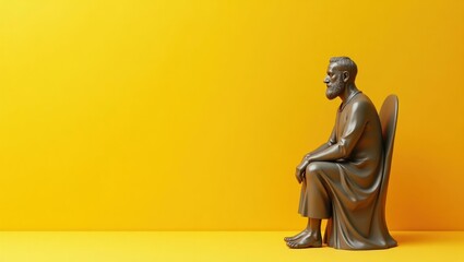Silent Serenity. Bronze monk statue sitting calm yellow background med