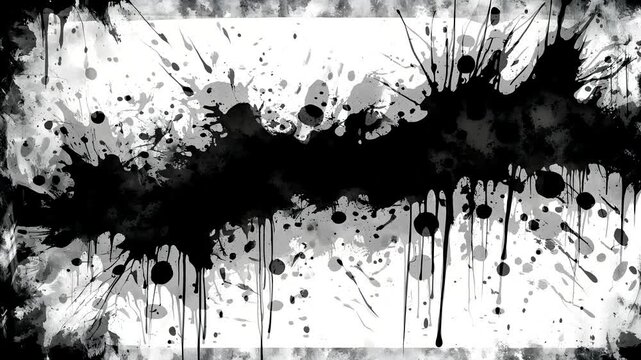 Abstract black ink splatter on a white background, creating a dramatic visual effect.